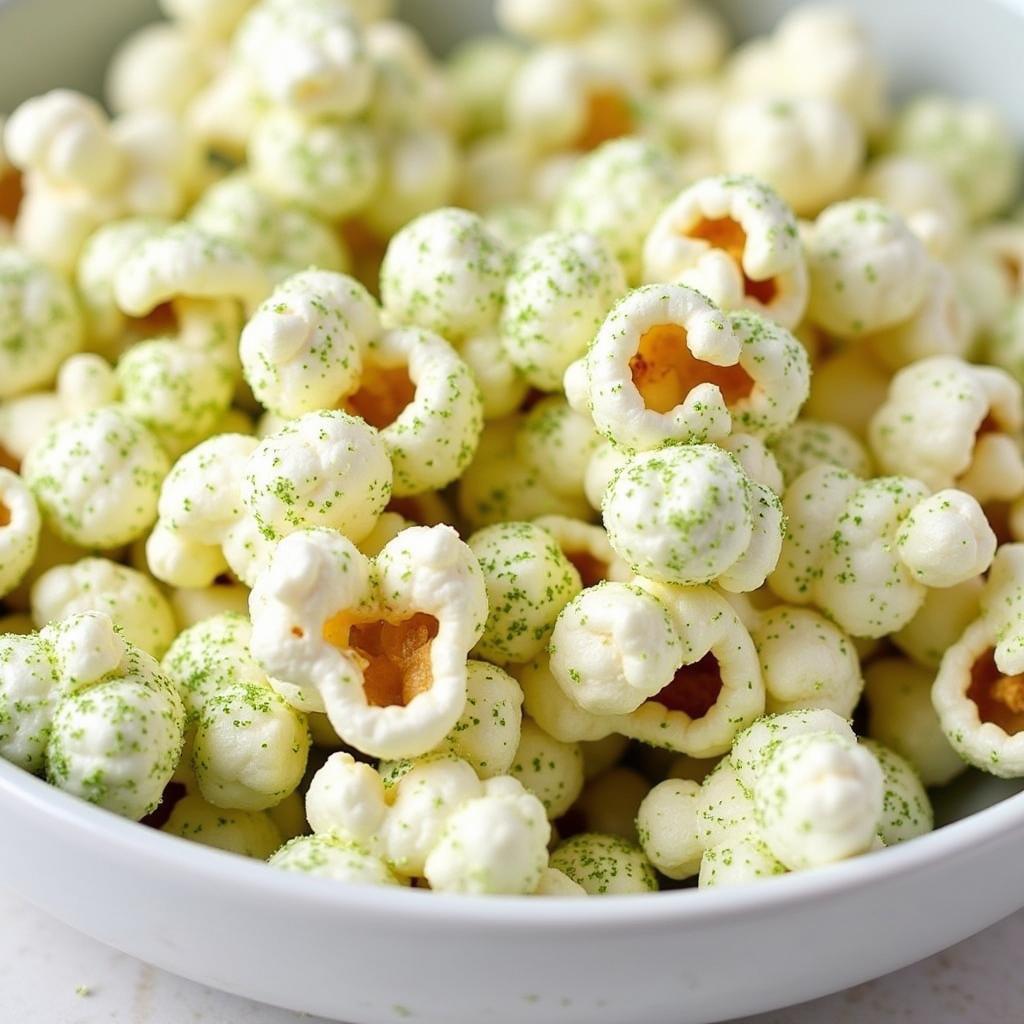 Close up of dill pickle Smart Food popcorn showcasing its texture and seasoning