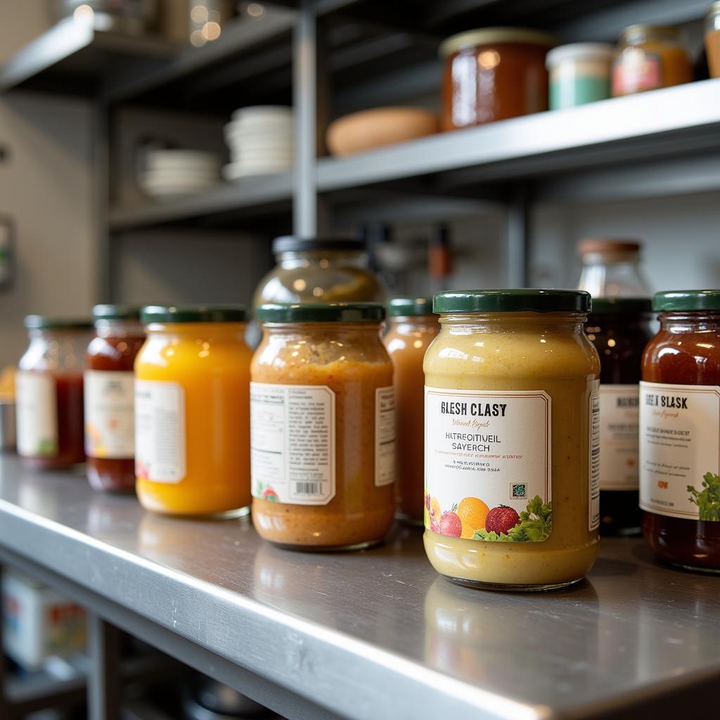 Dissolving food labels applied to various glass jars in a commercial kitchen setting.