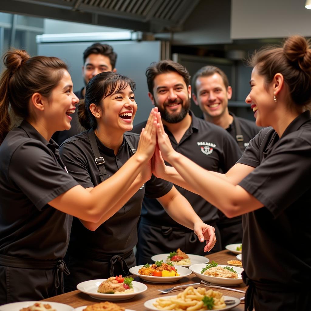 A diverse food crew celebrating their success in a restaurant kitchen