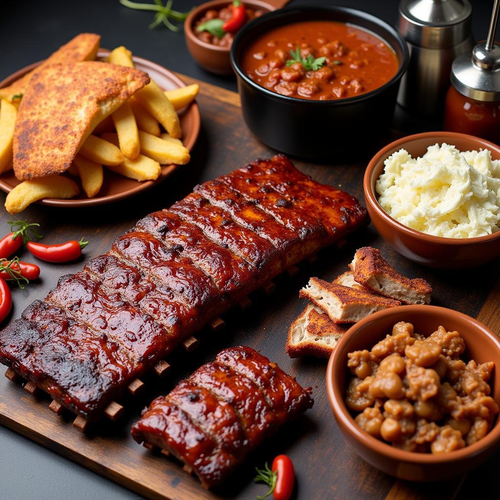 A spread of barbecue favorites, including ribs, pulled pork, chili, and coleslaw, with a hot rod grill in the background.