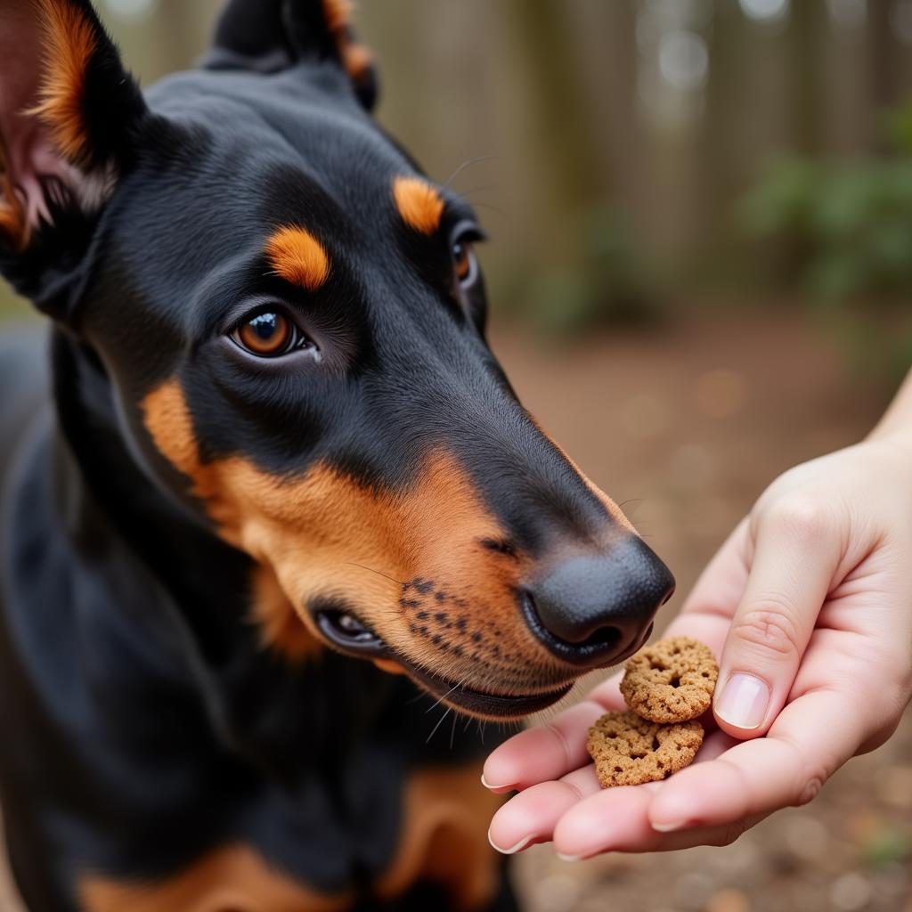 Doberman Pinscher gently taking a treat from a human hand.