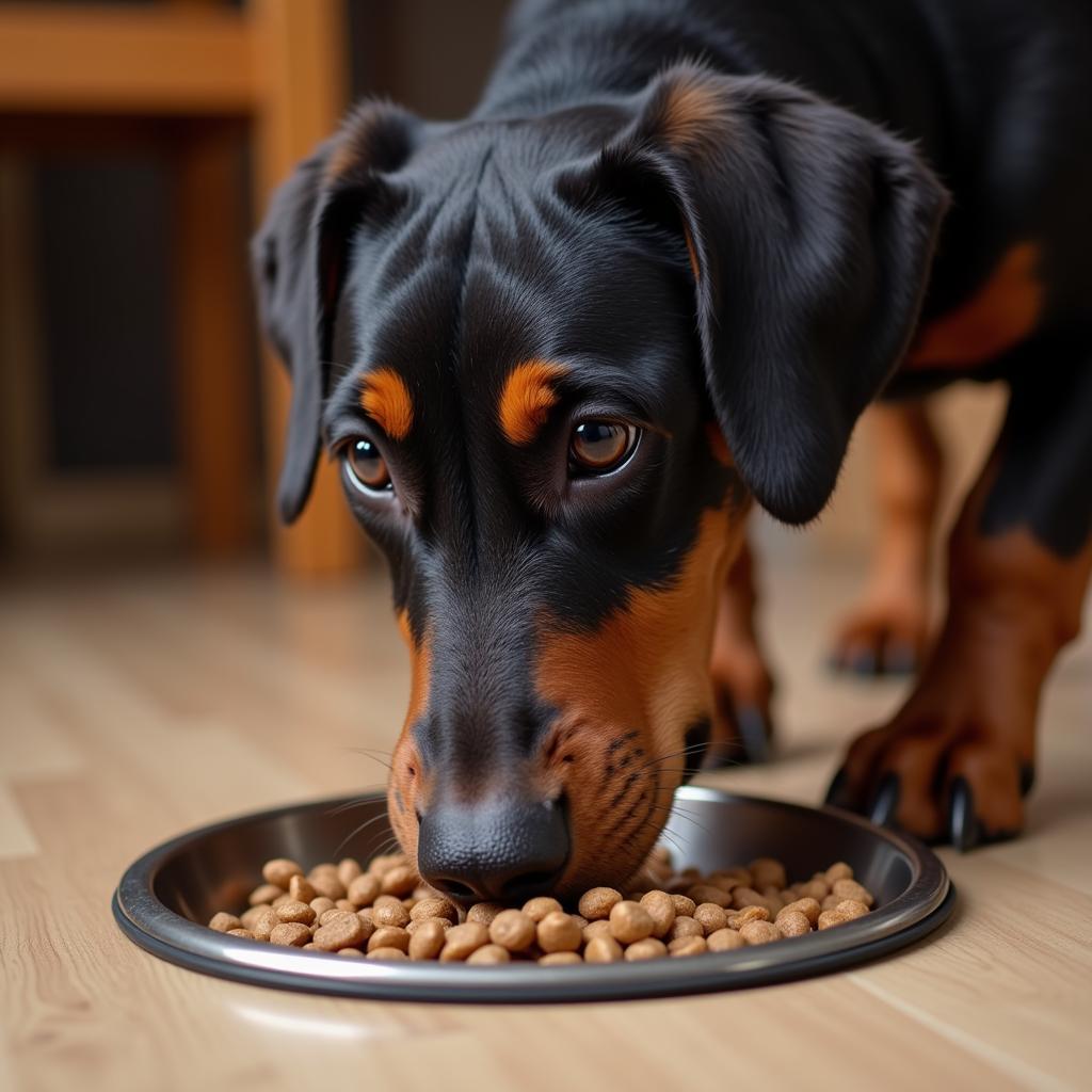 Doberman Pinscher enjoying a bowl of dry dog food