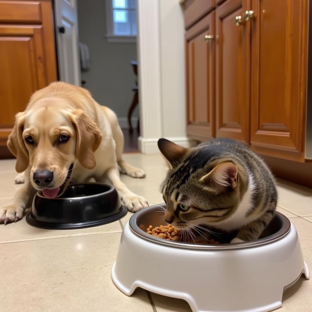 Dog and cat eating in separate areas