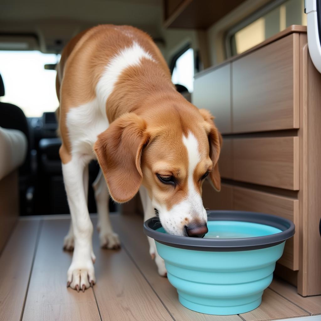 Dog Hydrating from a Travel Bowl