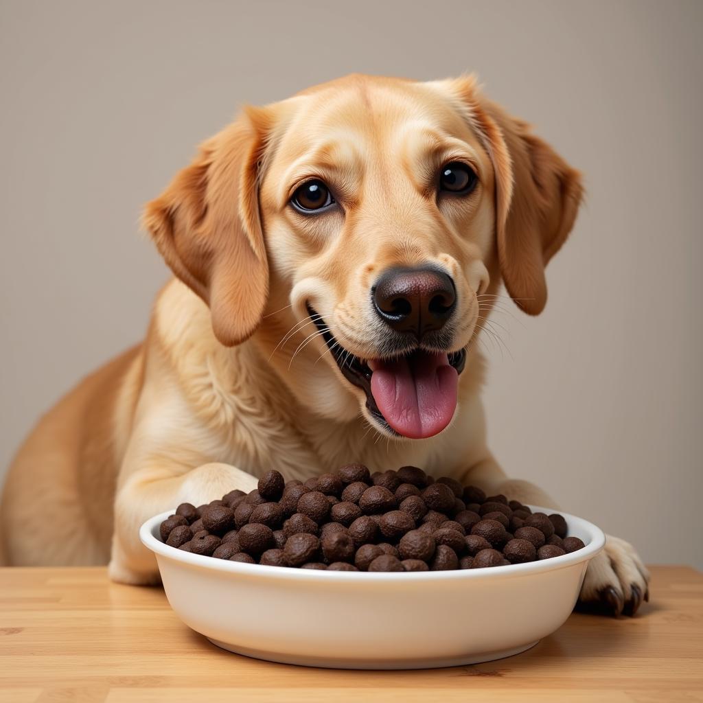 A dog enjoying a meal of black dog food