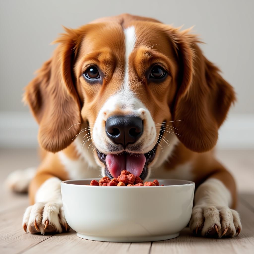 A happy dog enjoying a bowl of Bravo raw food