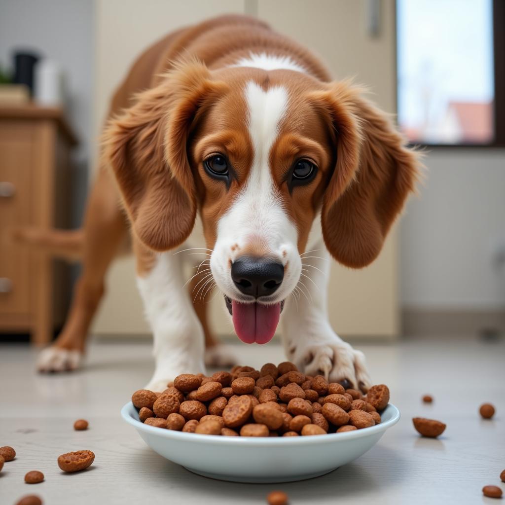 A happy dog eating from a bowl filled with new dog food.