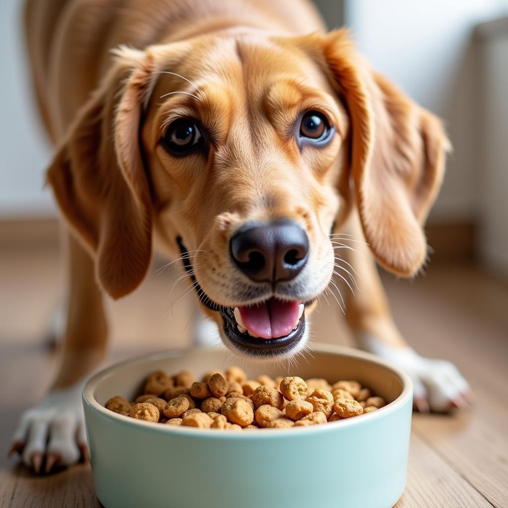 Dog enjoying FOS-enriched kibble