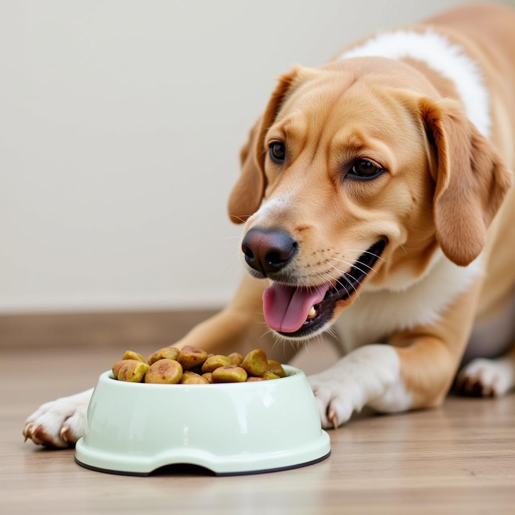 A dog eating from its bowl