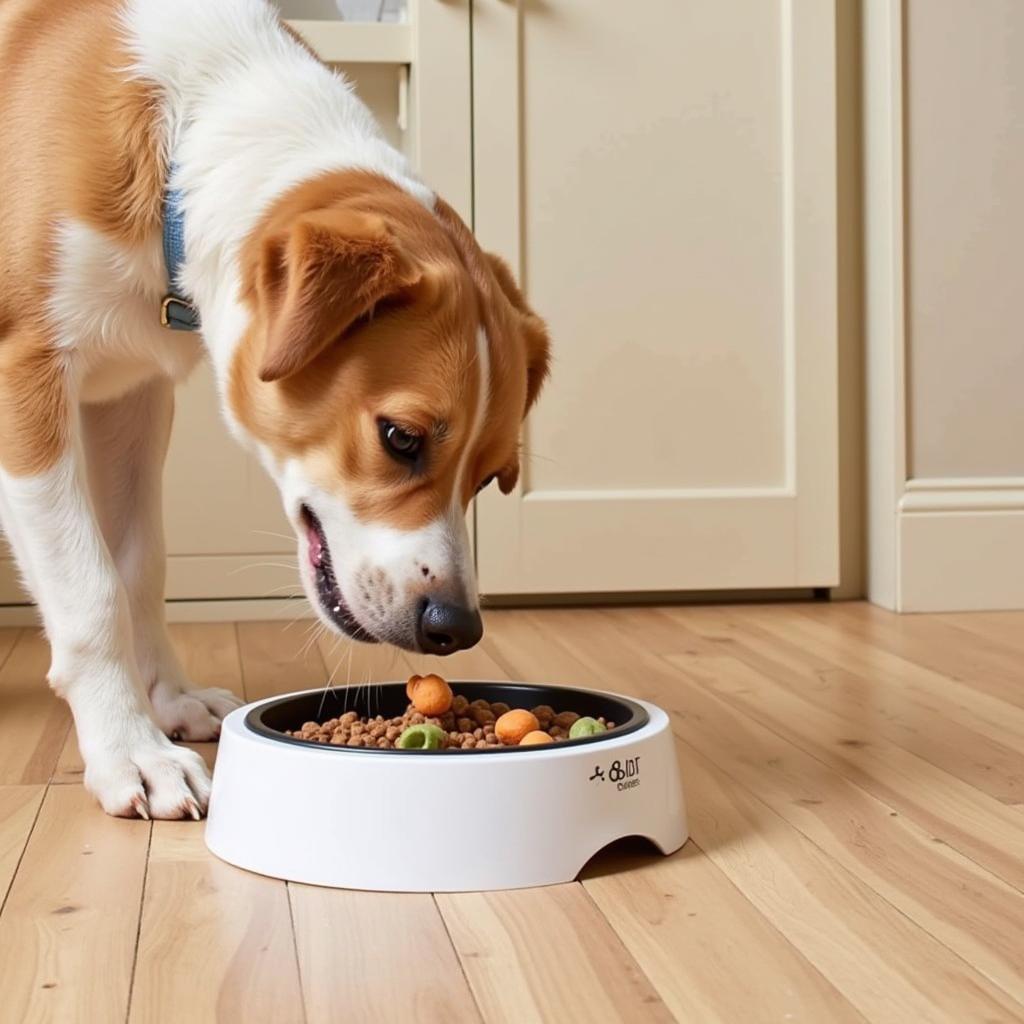 Dog Eating From Puzzle Feeder