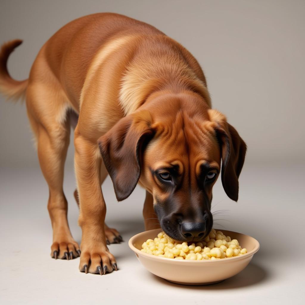 A happy dog enjoying a meal of gently cooked food