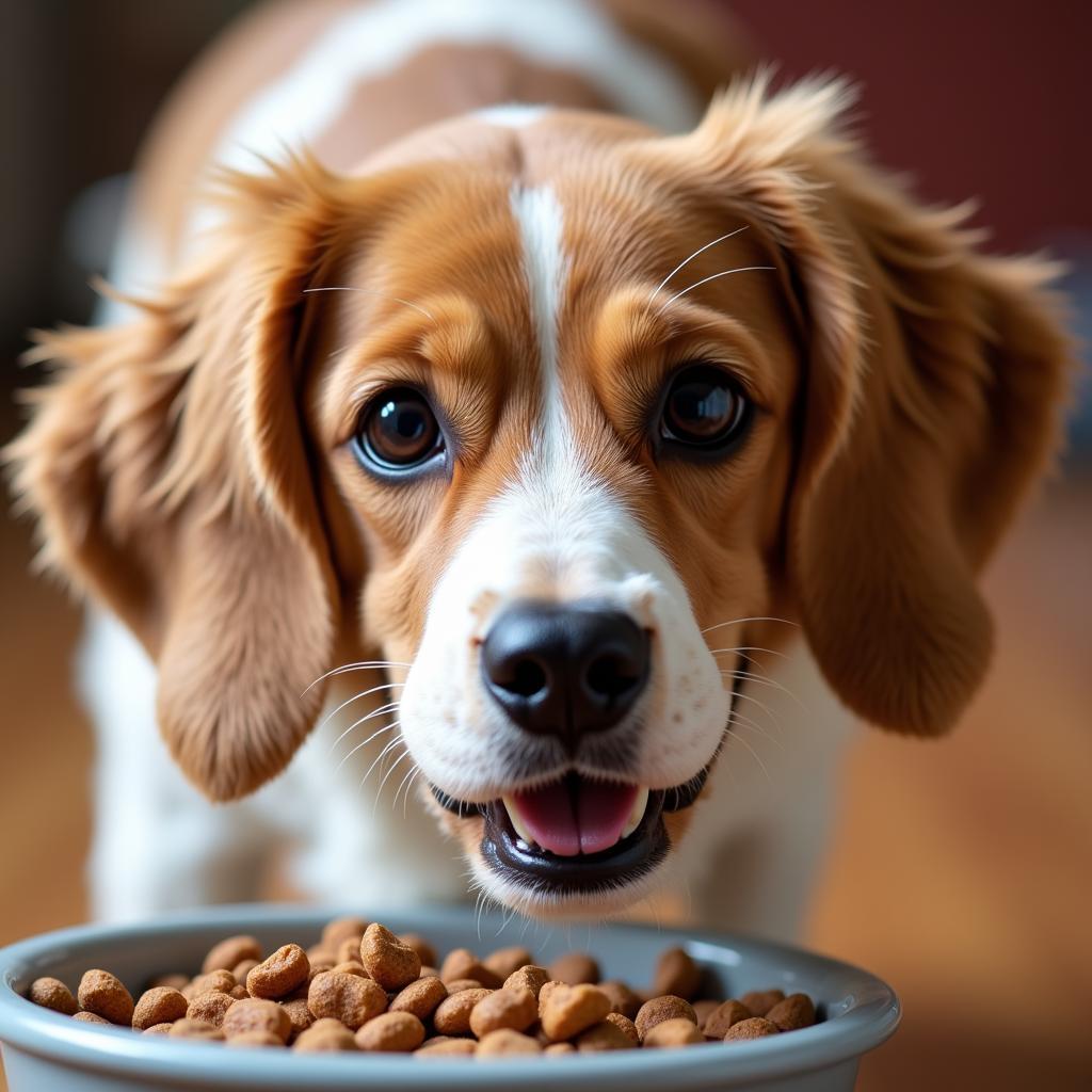 A dog happily eating kibble from its bowl.