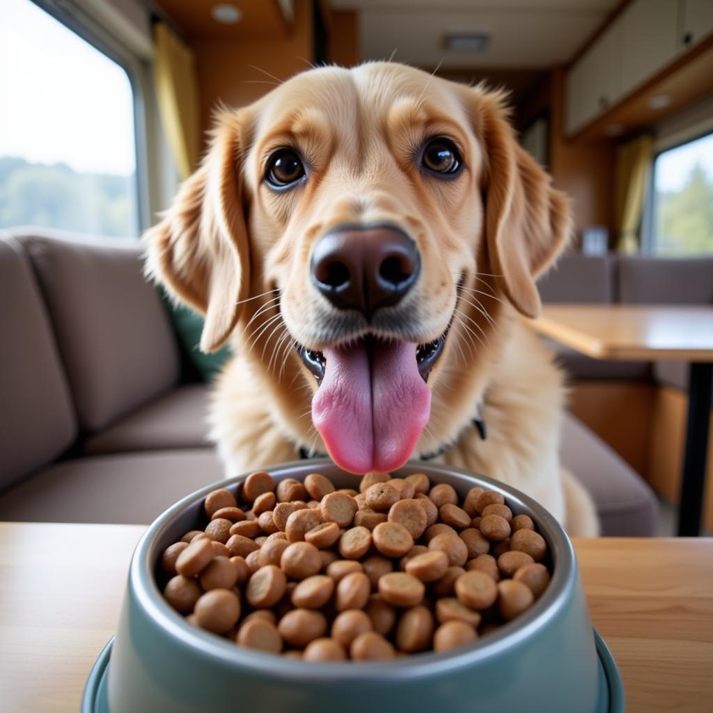 Dog Enjoying Kibble inside a Caravan