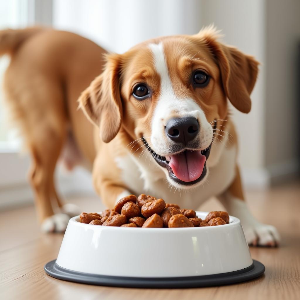 A happy dog eagerly eating a bowl of low-sodium wet dog food.