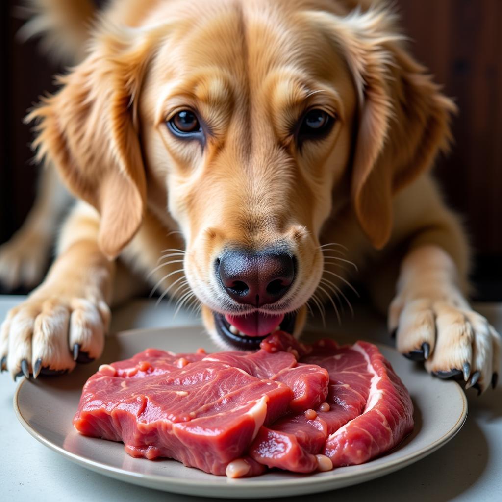 A happy dog enjoying a meal of fresh meat.