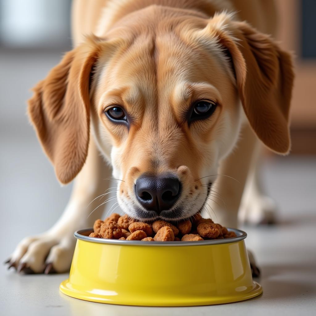 A dog with dental problems enjoying a meal of soft dog food.