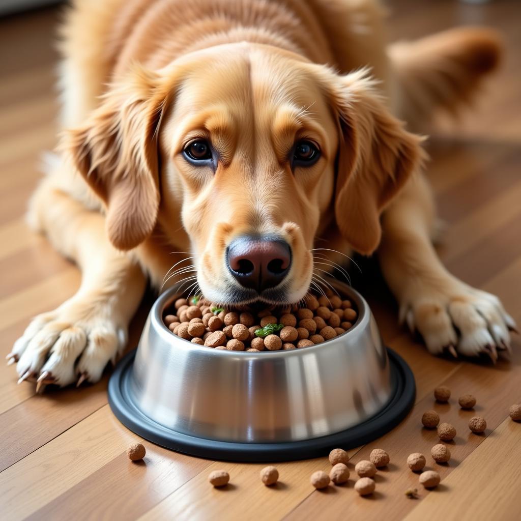 A dog enjoying a bowl of zinc-rich dog food