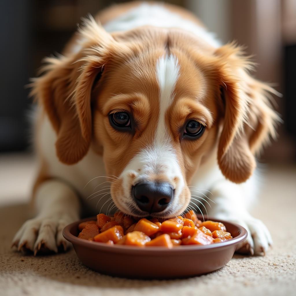 Happy Dog Eating Baked and Saucy Food