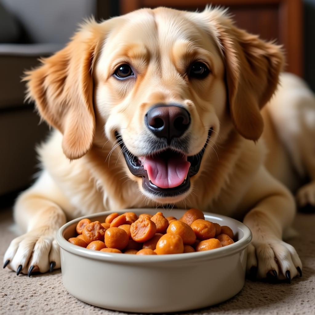 A happy dog enjoying a meal of crockpot turkey dog food.