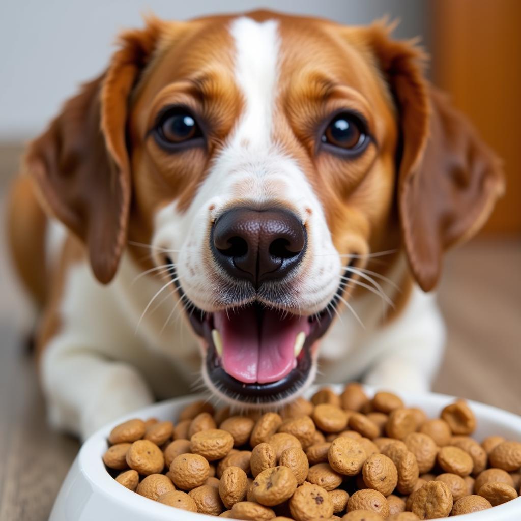 A happy dog enthusiastically eating dry food from a bowl.