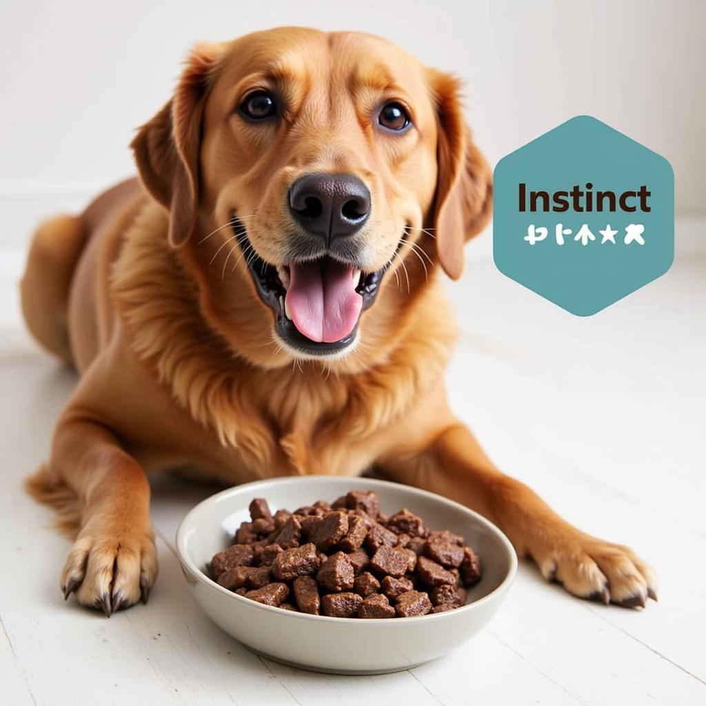 A happy dog eating Instinct Limited Ingredient Dog Food Lamb from a bowl.