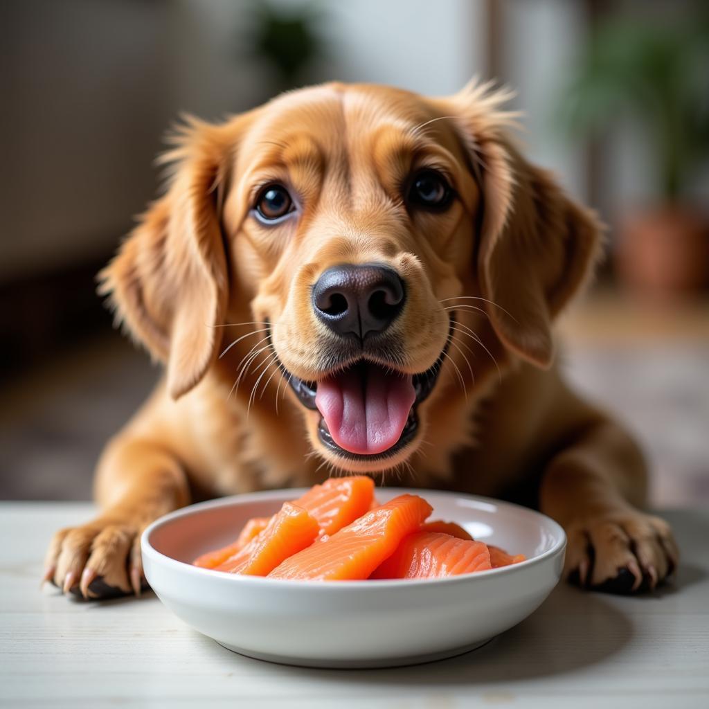 Happy Dog Eating Raw Salmon