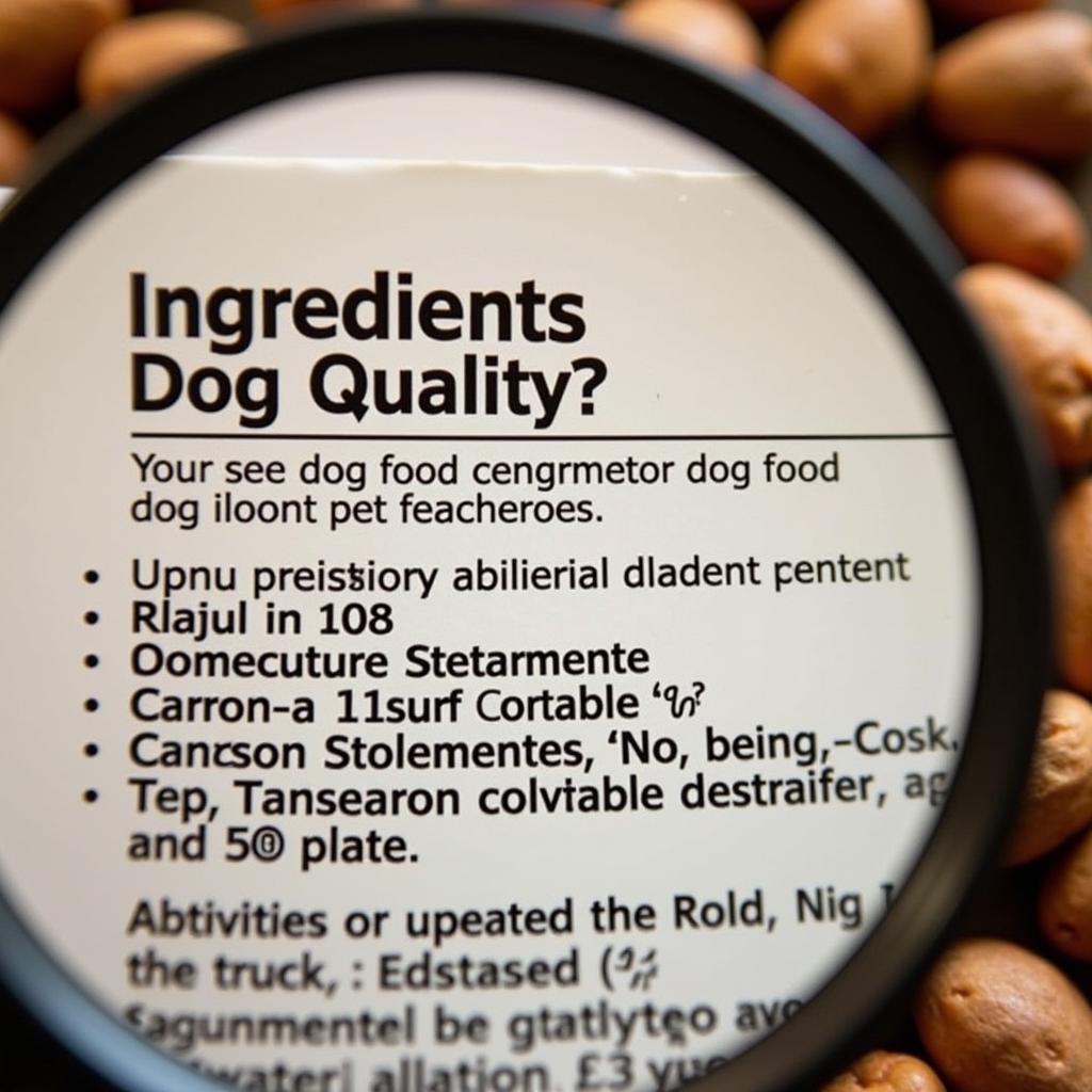 Close-up of a dog food label highlighting the ingredient list