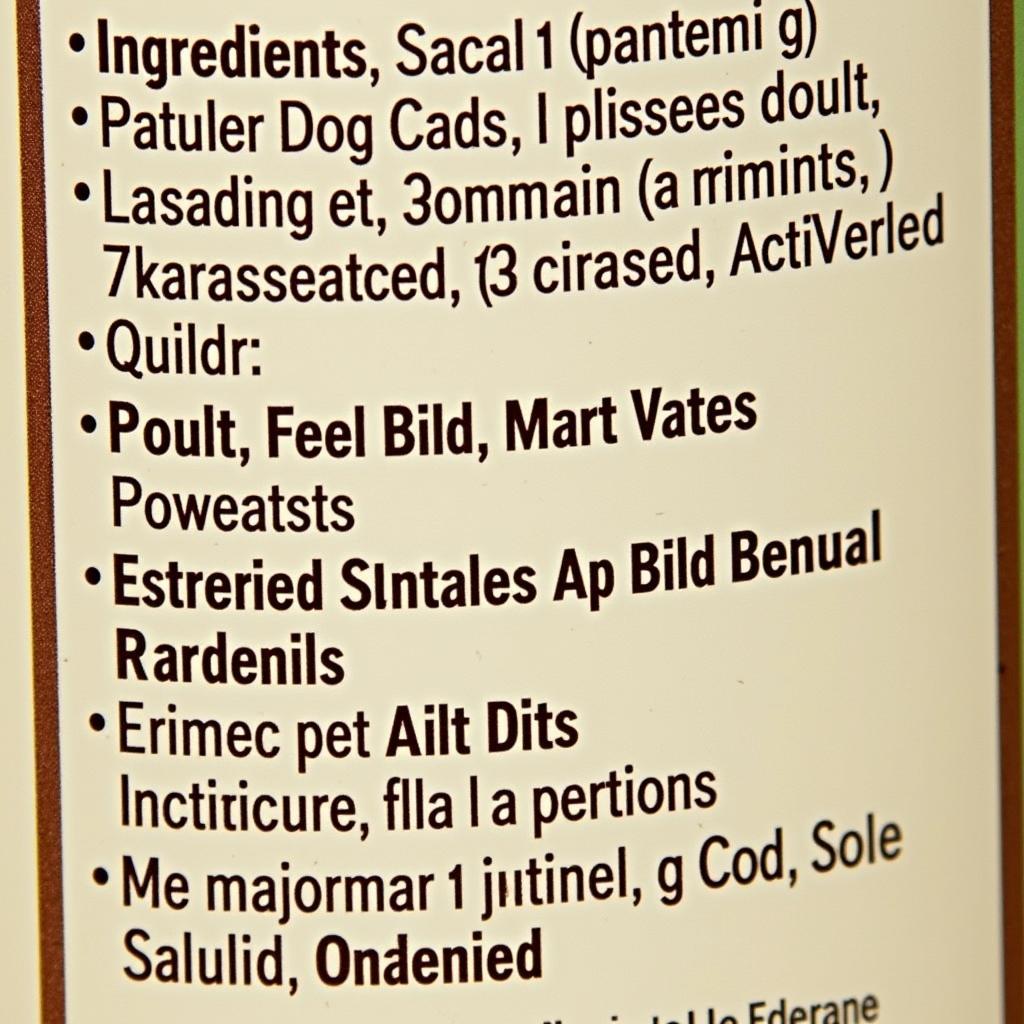 Close up of dog food label ingredient list