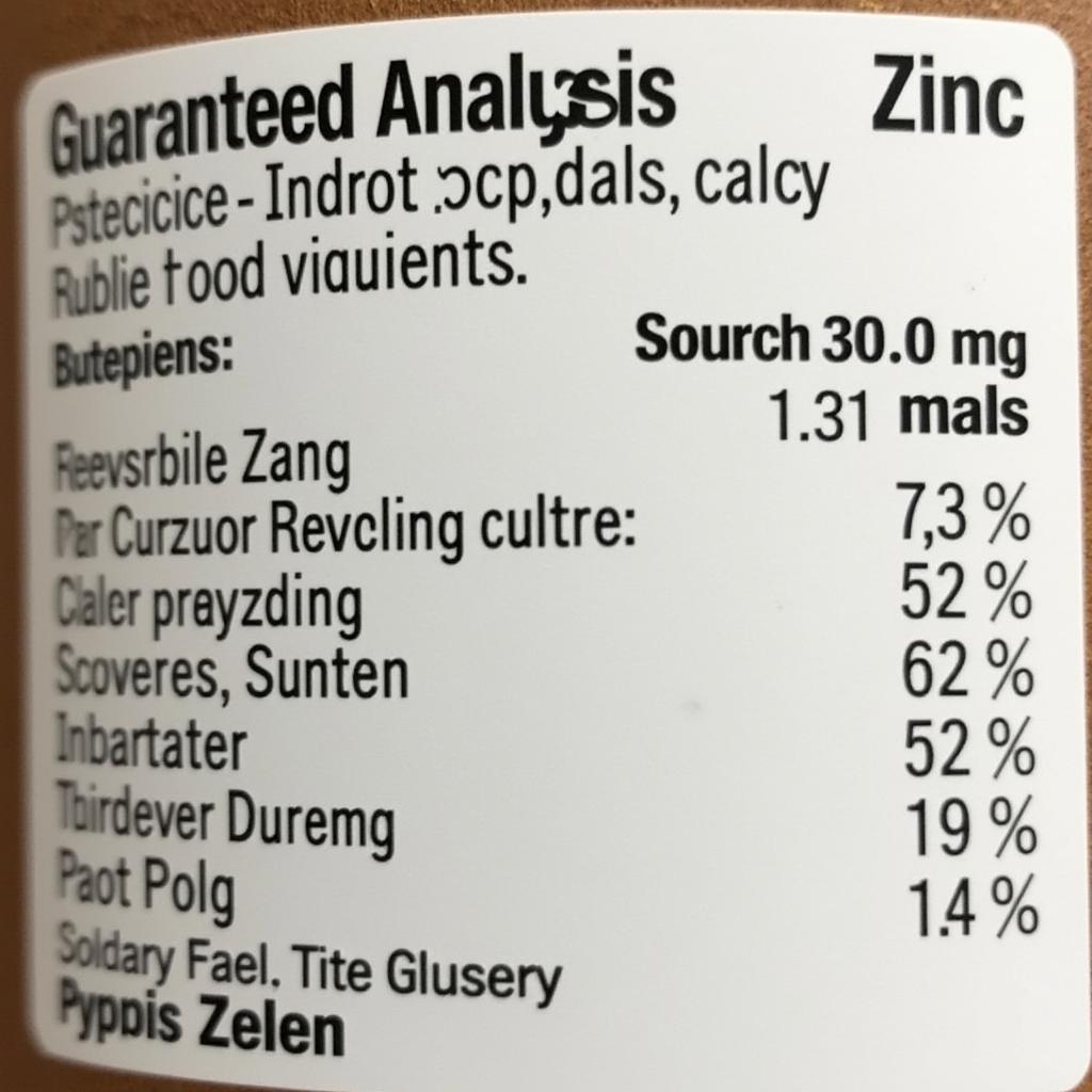 Close-up of a dog food label highlighting the zinc content