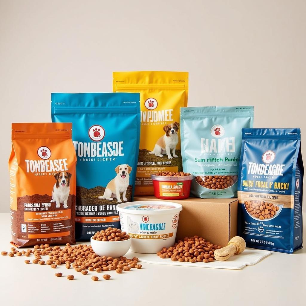 A variety of dog food samples in different packaging.