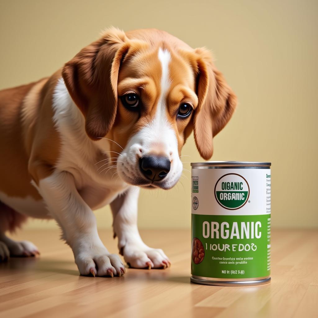 A dog seemingly reading a can of organic dog food.