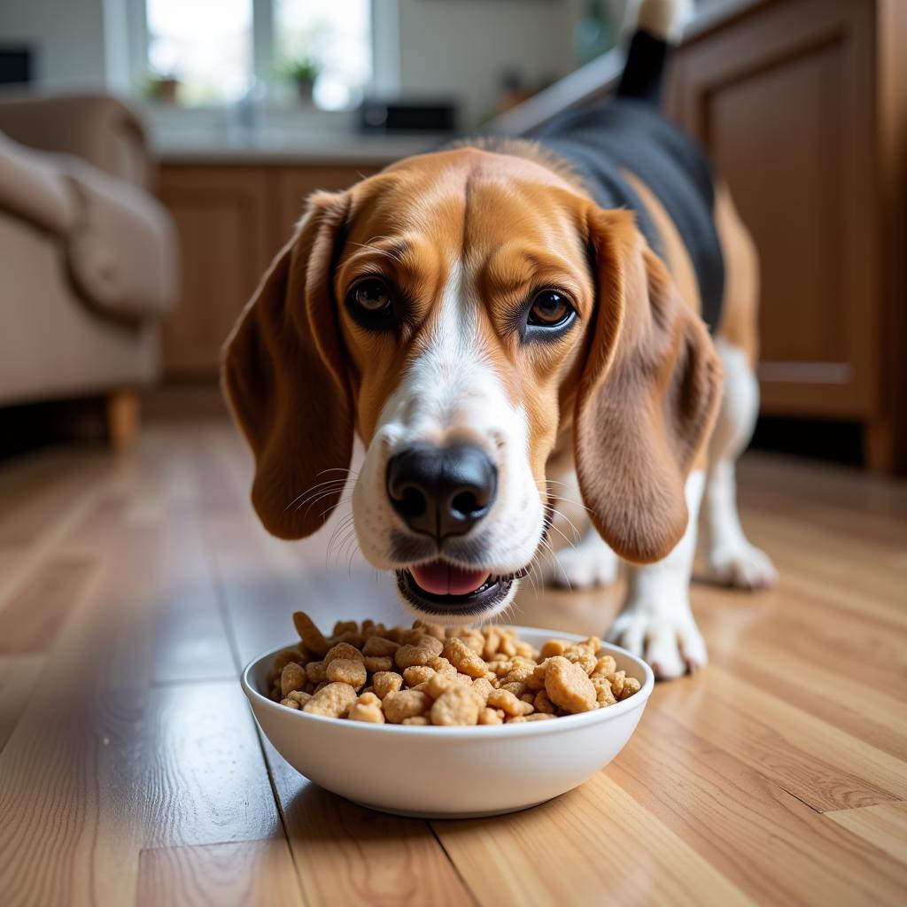 A dog recovering from illness enjoying food