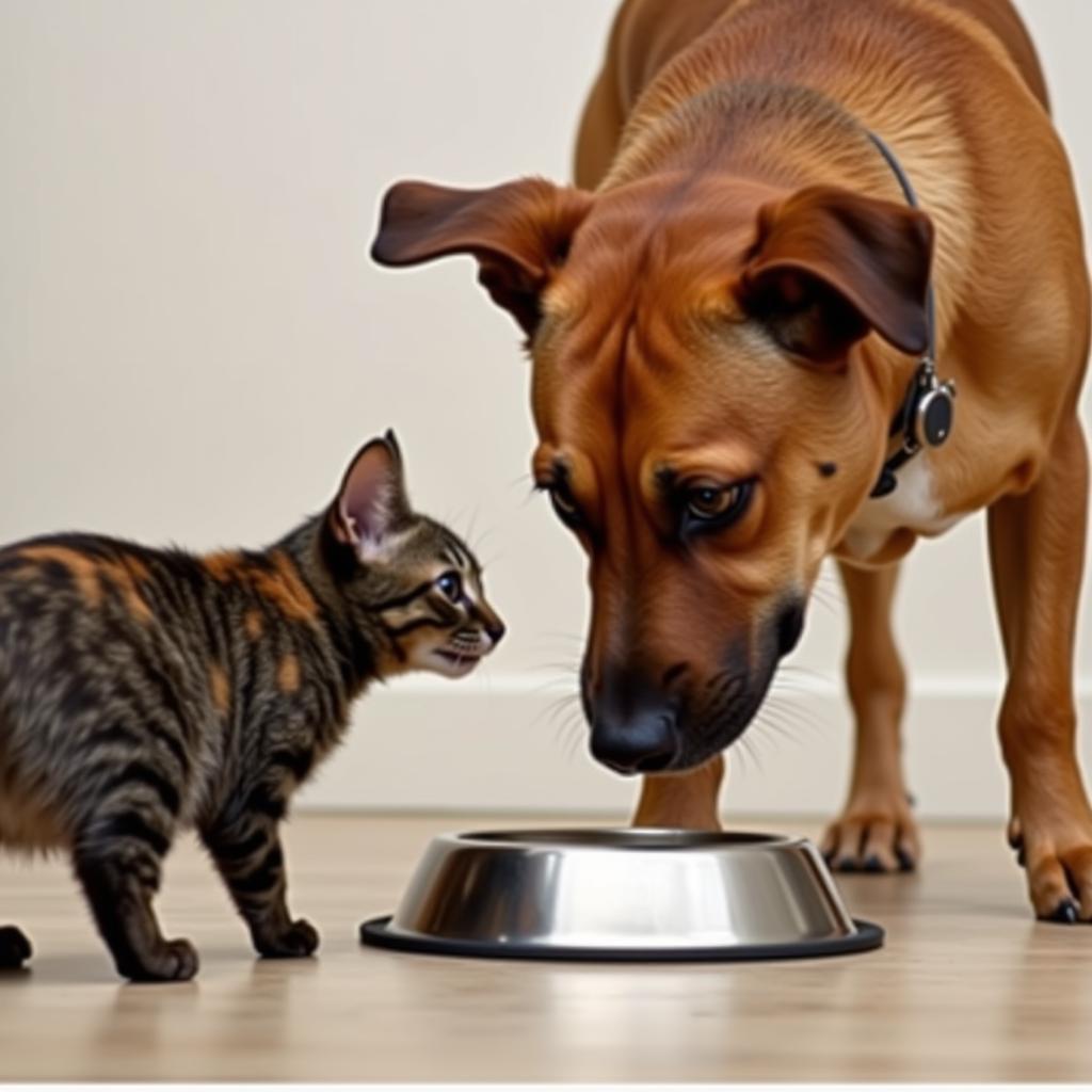 Dog exhibiting resource guarding behavior towards cat near food bowl