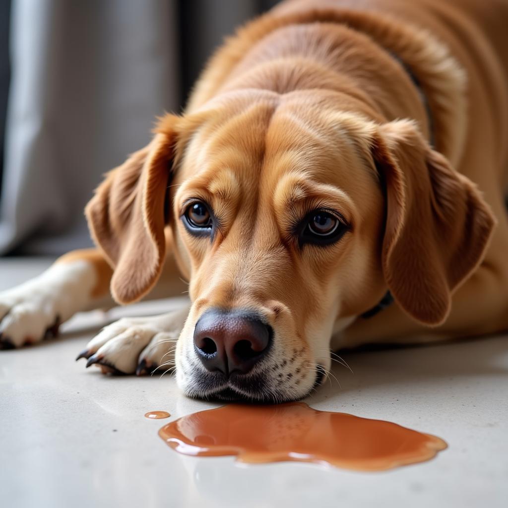 Dog showing common sensitive stomach symptoms like vomiting and lethargy.