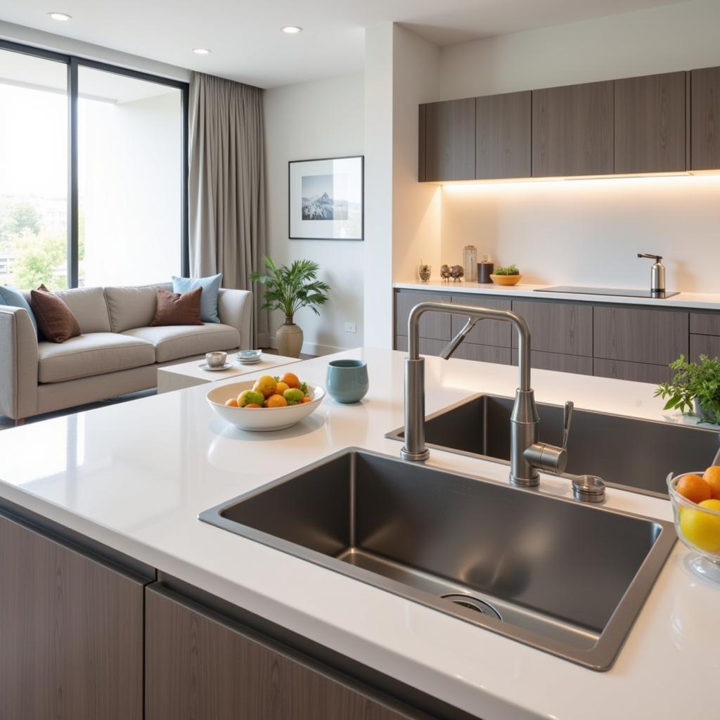 Double bowl food prep sink integrated into a modern kitchen island