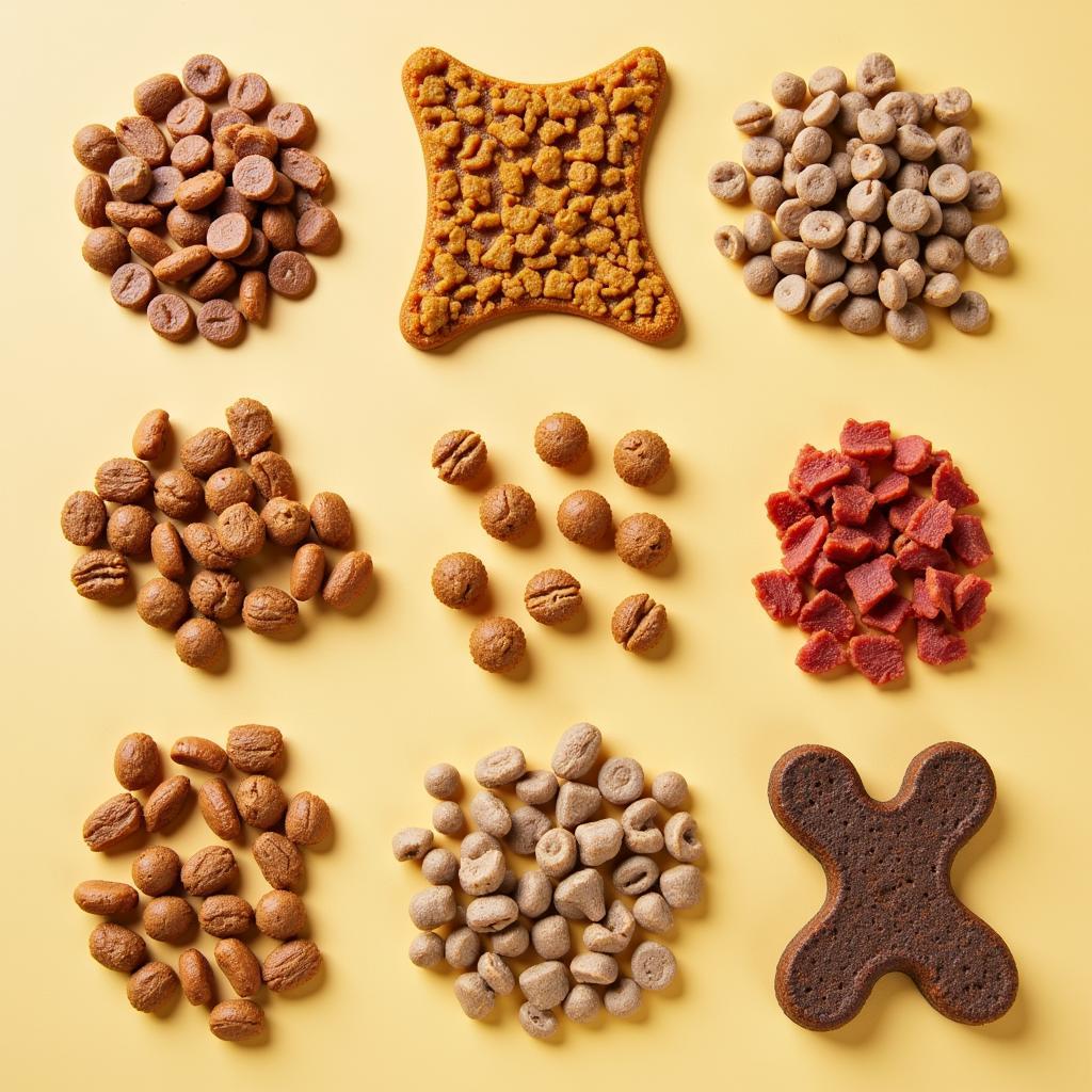 Various types of dry dog food kibble, showcasing different shapes, sizes, and textures.