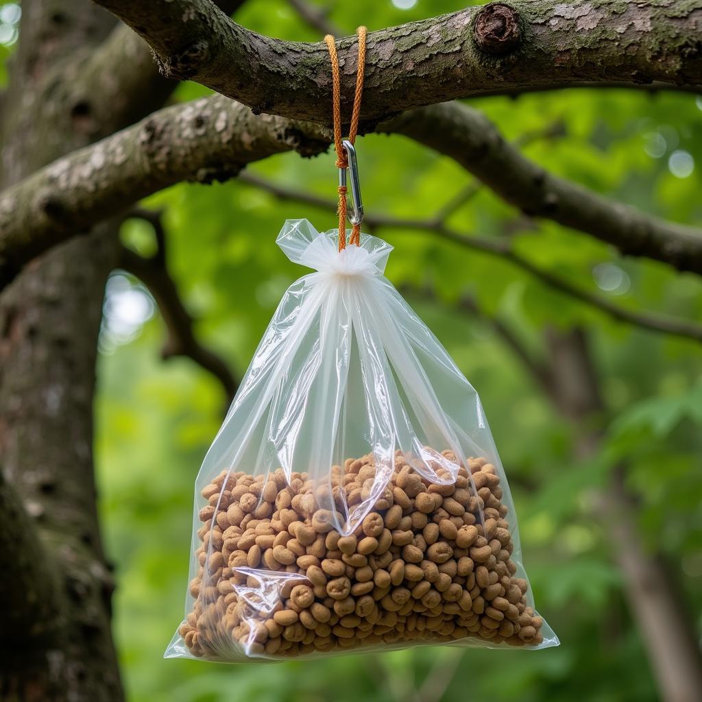 Dyneema food bag hung from a tree branch to protect from animals.