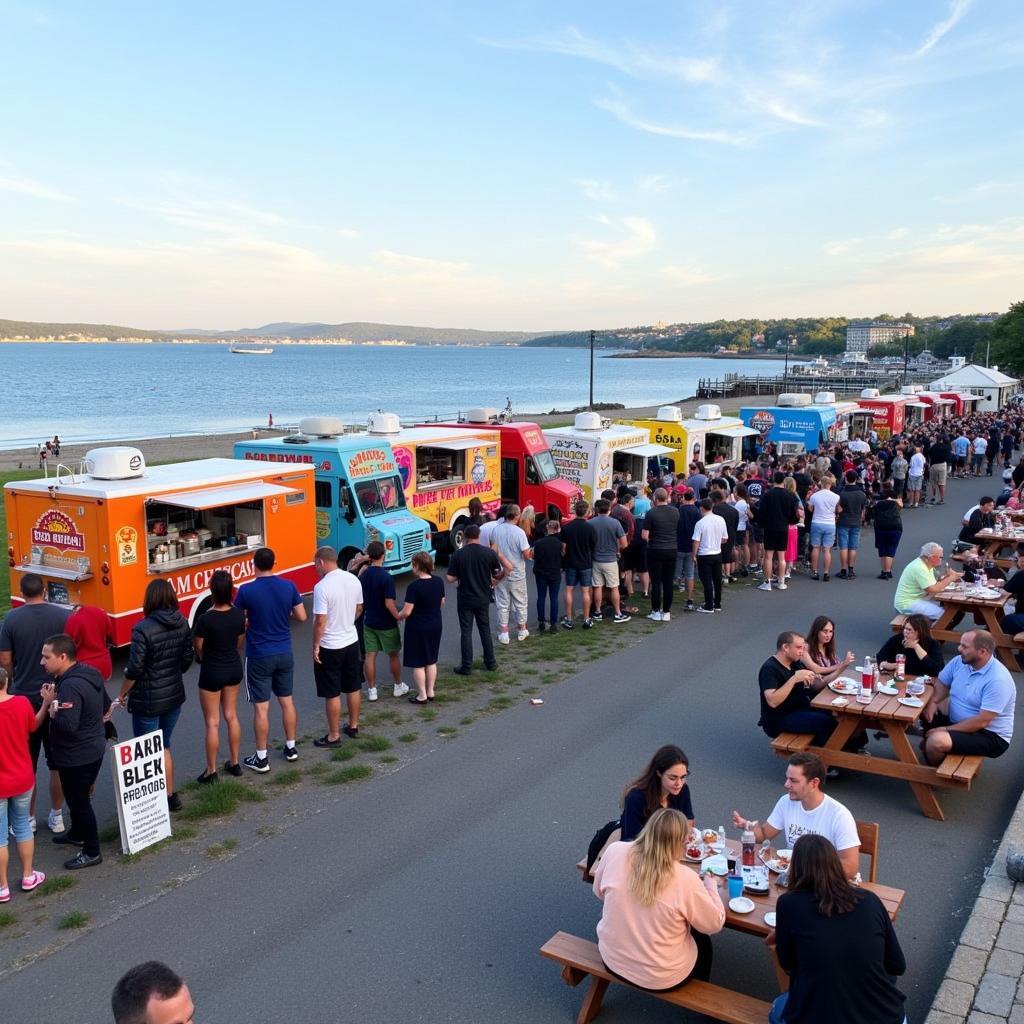 A vibrant scene of food trucks lined up along the Eastern Promenade in Portland, Maine, with people enjoying the food and the view.