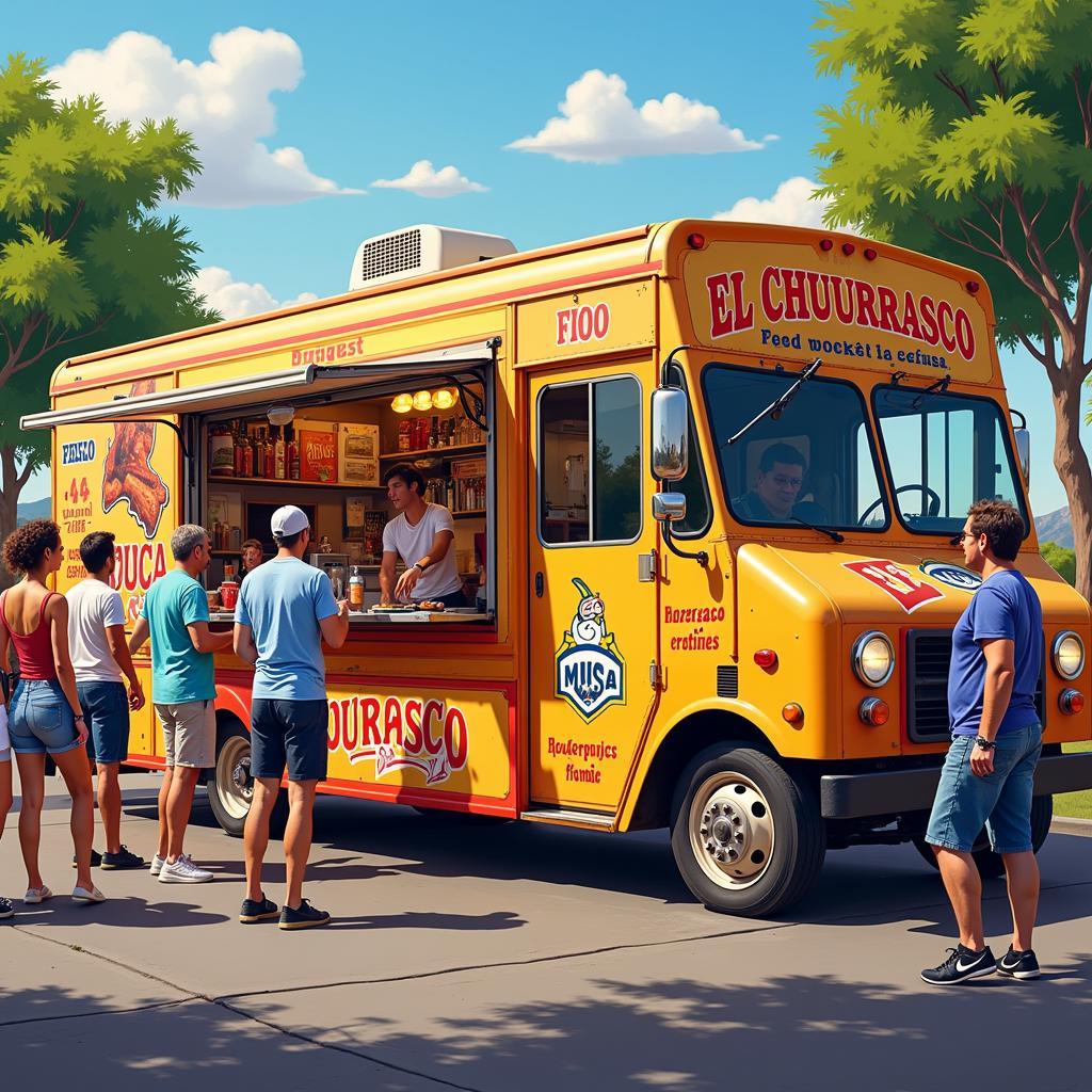 El Churrasco food truck serving a variety of grilled meats to a line of hungry customers