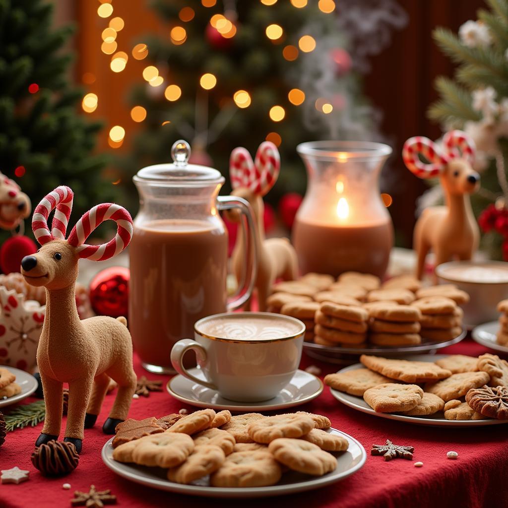 Elf Movie Inspired Party Food: A table laden with festive treats, including candy cane reindeer, sugar plum cookies, and a hot chocolate bar with various toppings.