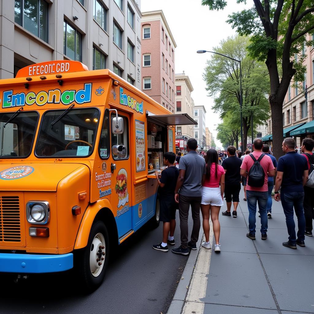 Emconada food truck parked on a busy city street serving customers