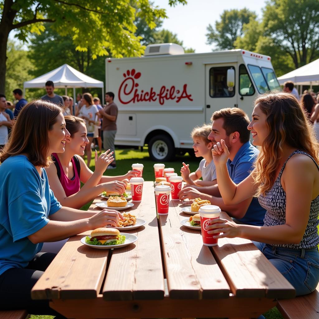 People Enjoying Chick-fil-A Meals at an Outdoor Event in Iowa