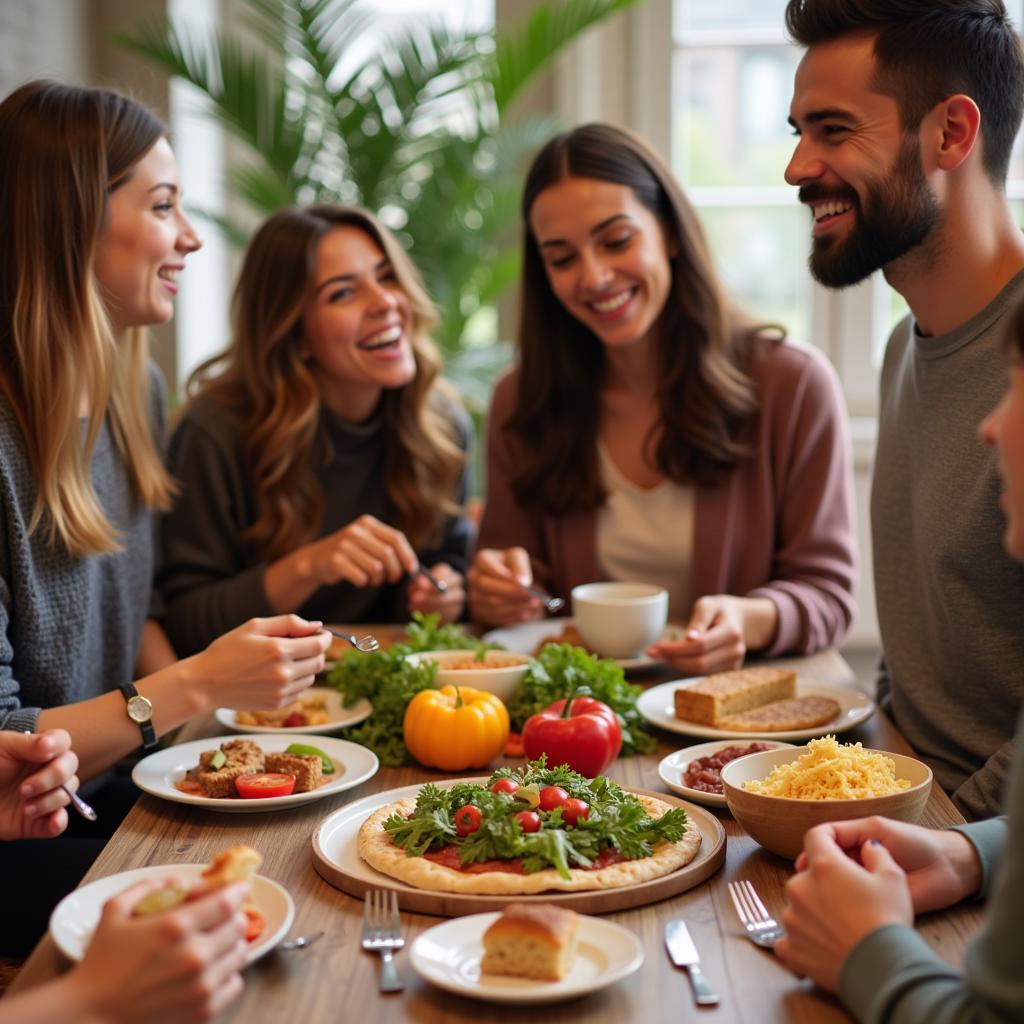 A group of friends laughing and enjoying a meal together