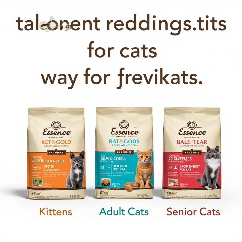 Bags of Essence Ranch and Meadow cat food formulated for different life stages: kitten, adult, and senior.