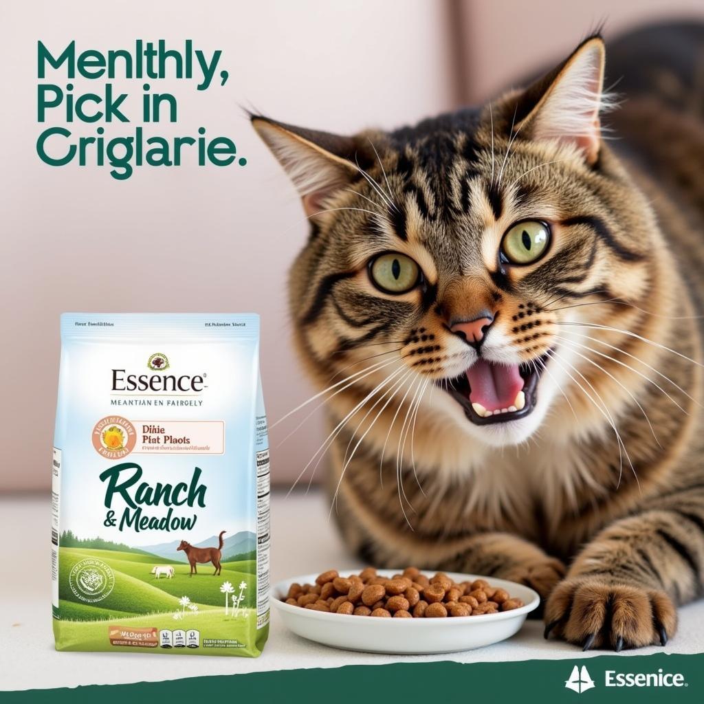 A happy, healthy cat enjoying a bowl of Essence Ranch and Meadow cat food.