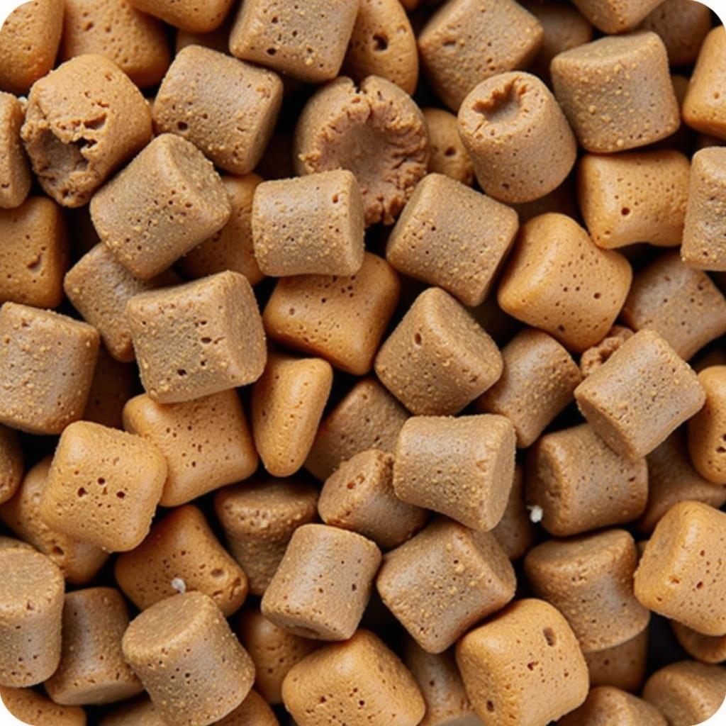 Close-up of Essence Ranch and Meadow cat food kibble, showcasing the variety of ingredients.