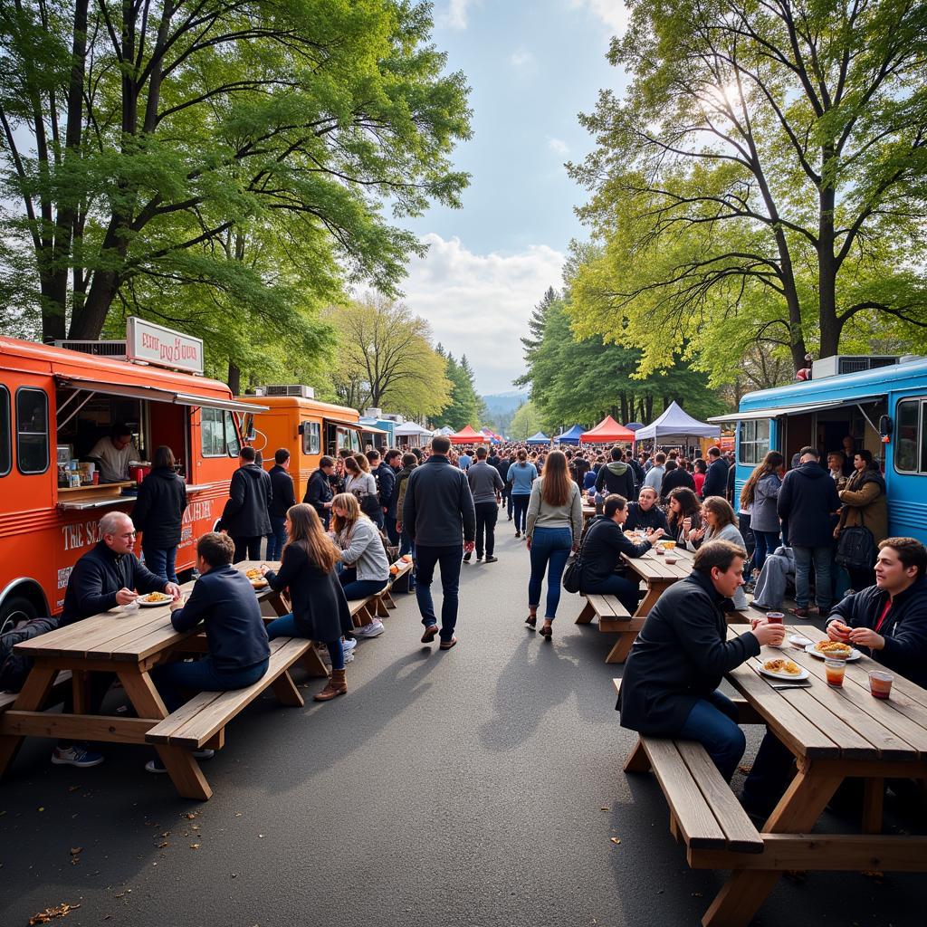 Everett Food Truck Event - A bustling scene of a food truck event in Everett, with people lining up to order and enjoy their meals.