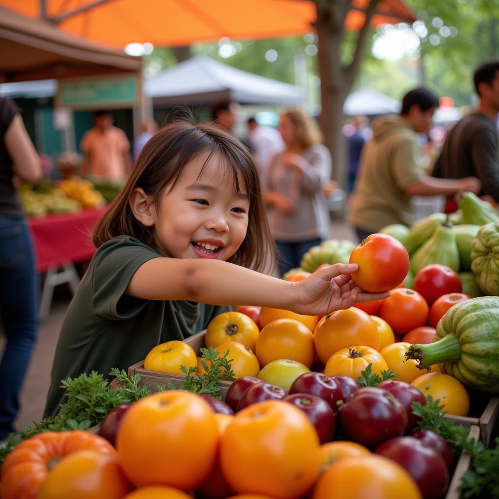 A person exploring exotic fruits and vegetables at a bustling farmers market.