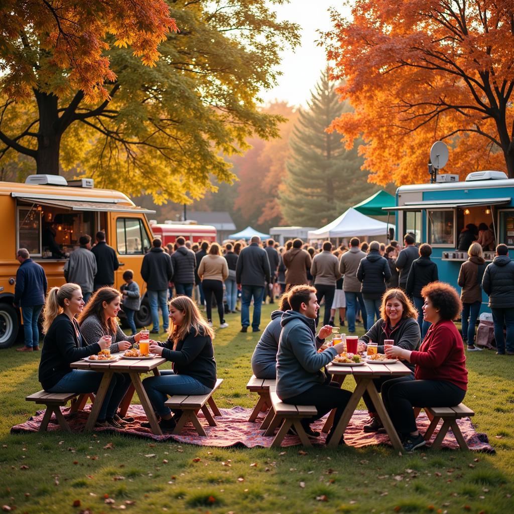 People Enjoying Food and Drinks at a Fall Food Truck Festival