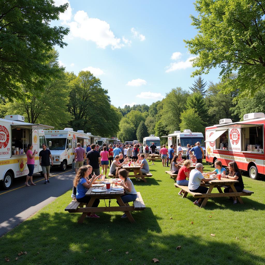 People gathered around food trucks at a community event in Fall River